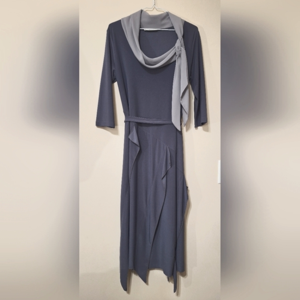 La Mouette 16 Dusty Blue 3/4 Sleeve Scarf Neck Ruffle Skirt Belted Midi Dress